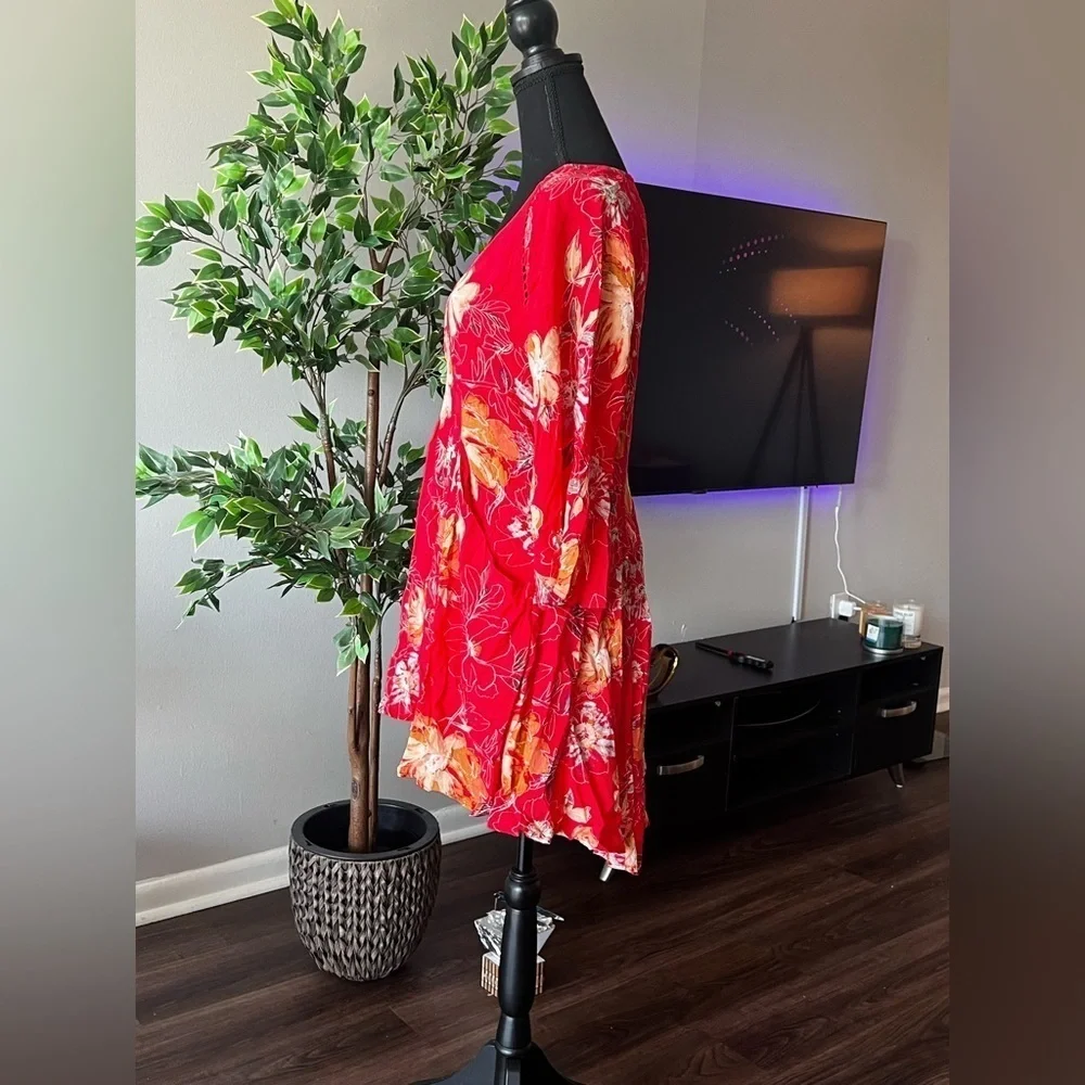 Free People Eyes on You Red Floral Boho Tunic Dress, Size 6